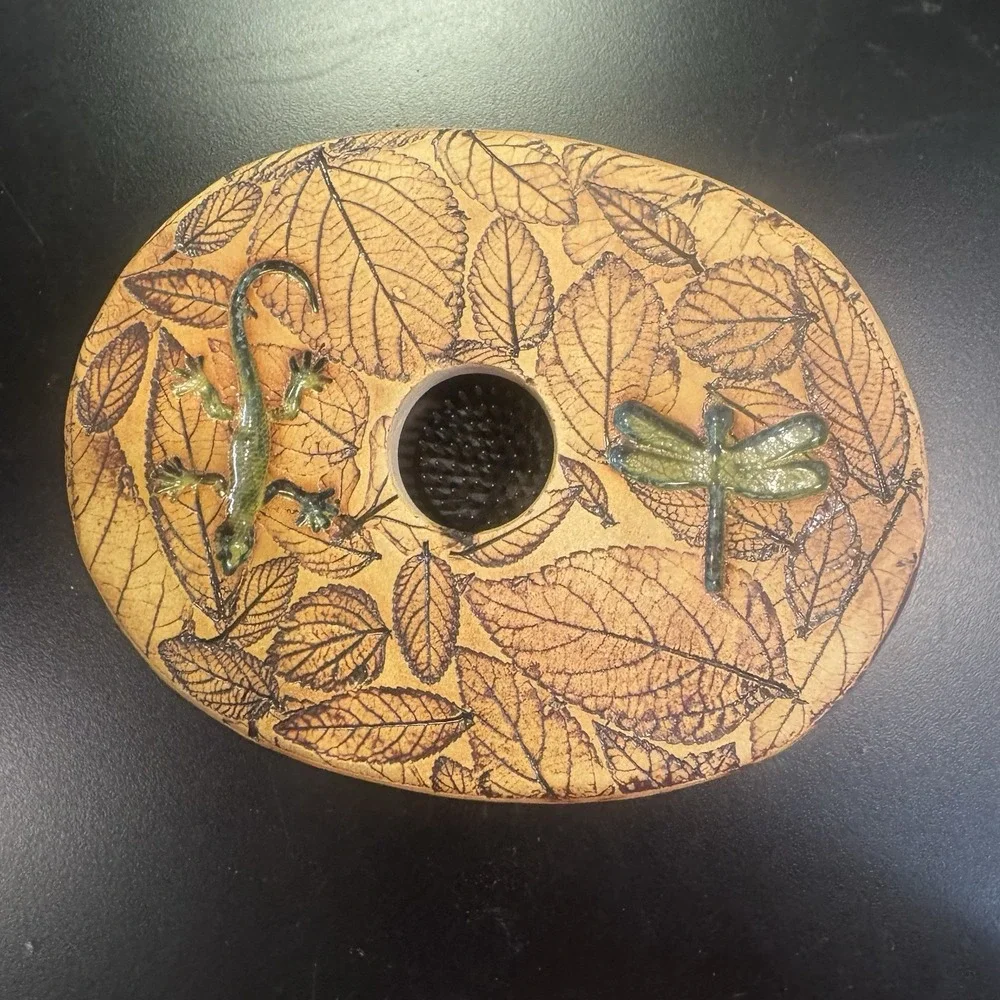 Vintage Flower Lizard Leaf Dragonflies‎ Vase Ikebana Signed Malabar Pottery